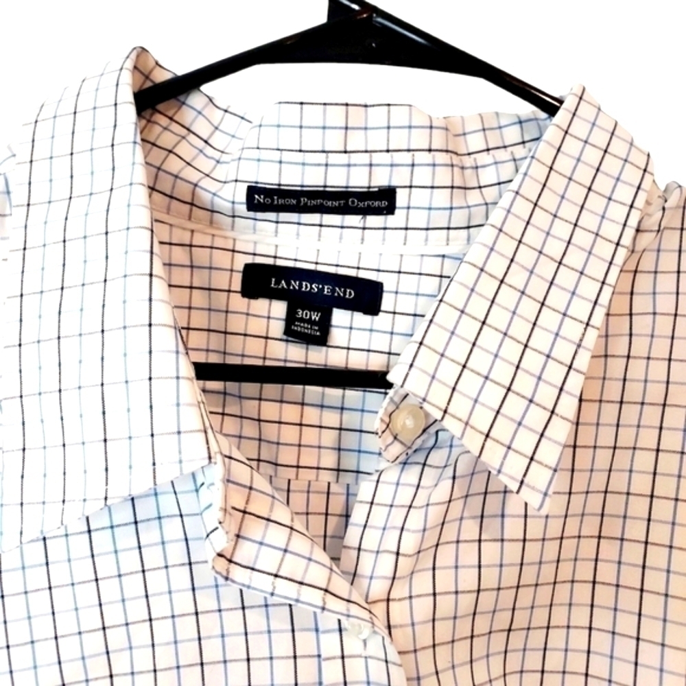 Lands'end Non Iron Pinpoint Oxford button blue white plaid shirt plus s